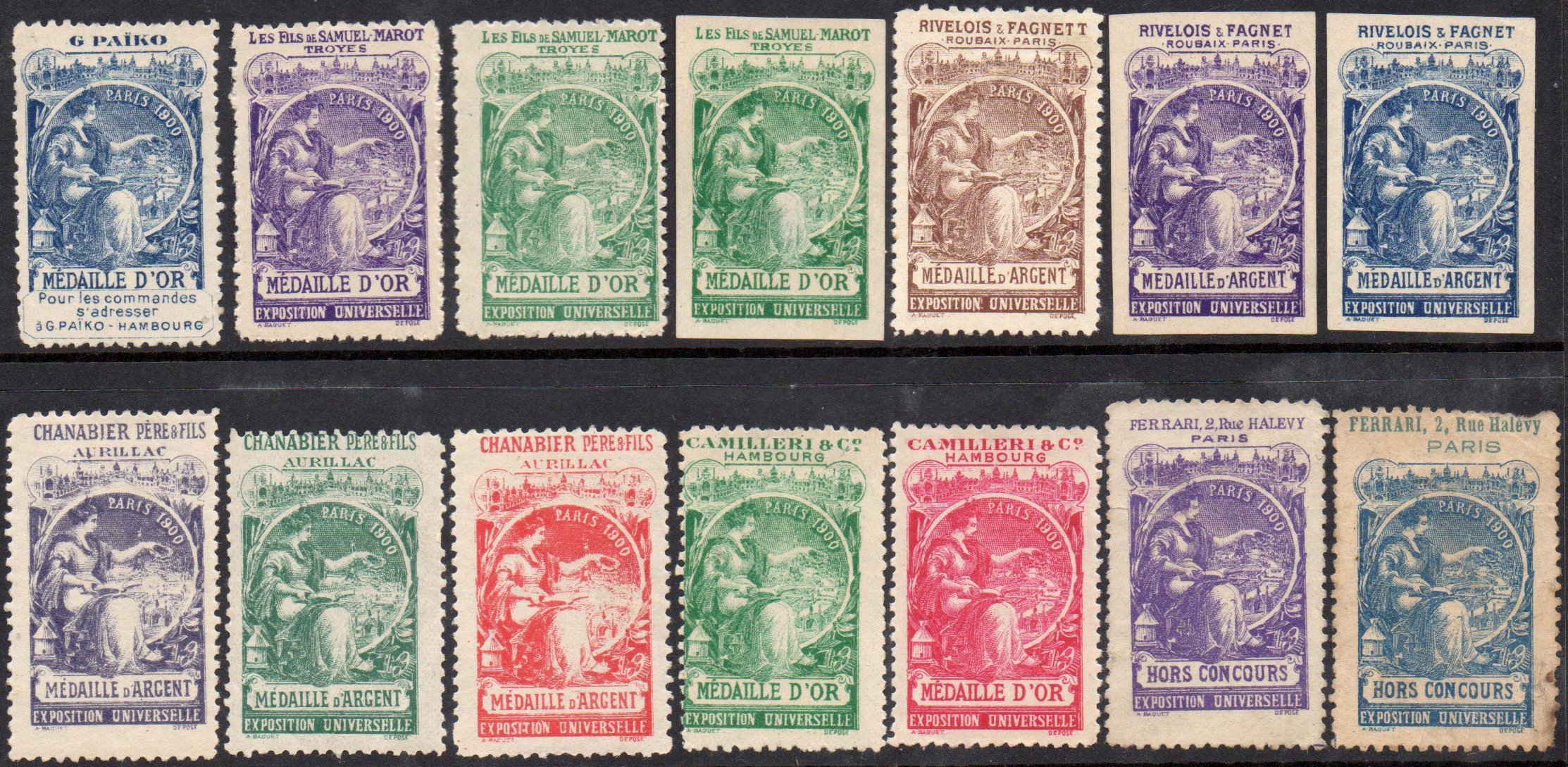 Vignettes / Cinderellas Paris Expo 1900 : Medal Winners G.Paiko Hamburg : Les Fils Samuel-de  Troyes : Rivelois et Fagnett Roubaix : Chanabier Pere et Fils Aurillac : Camilleri & Co Hamburg : Ferrari 2, Rue Halevy Paris